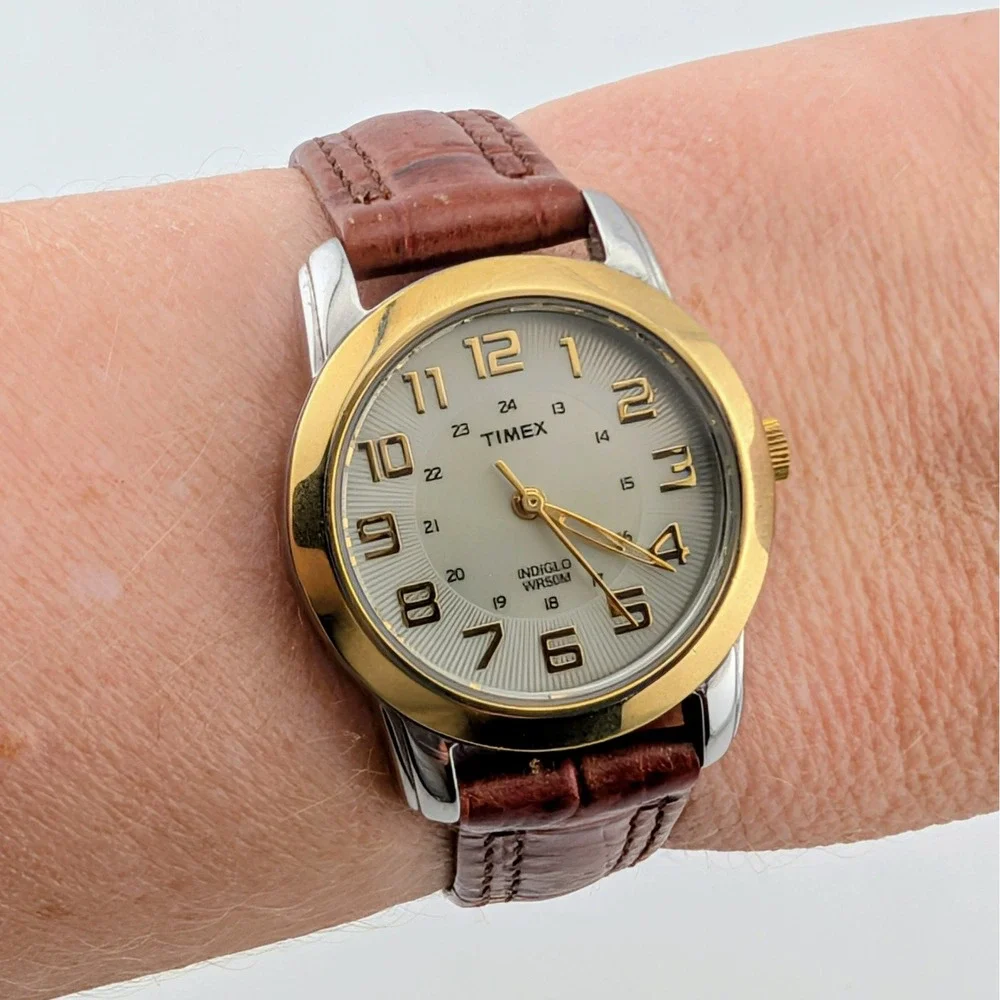 Timex Indiglo Two-Tone Women's Watch Radial Textured Dial Brown Leather 28mm